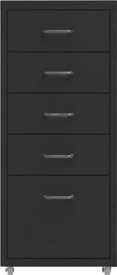 A tall, narrow black filing cabinet with five drawers and silver handles, shown from the front on a light gray background. The cabinet has small wheels at the bottom.