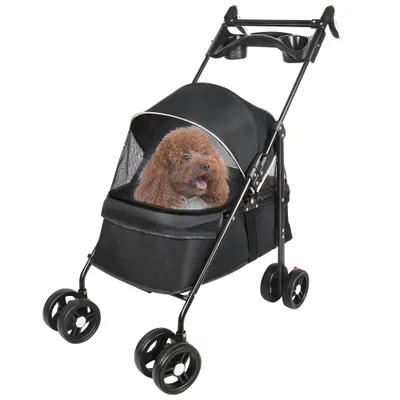 Produktbild von Klappbar Hundewagen Haustiere Buggy, bis 15 kg, Hundetrolley Hundebuggy mit Getränkehalter,Travel Haustier Katzenwagen für kleine Hunde,Katzen(Schwarz