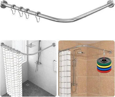Productafbeelding van Ibenzoa® L-vormige, verstelbare douchegordijnstang van roestvrij staal 304, 90–120 cm, inclusief ringen, met boormogelijkheid of boorloze montage