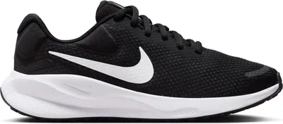 A black Nike running shoe with a white swoosh logo and a white sole, shown from a side view against a white background.