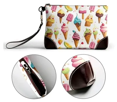 Produktbild von Bunte Geldbörse mit Eiscreme-Motiv, Handgelenktasche für Damen aus Leder