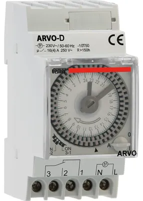 Obrázok produktu pre VEMER VP882500 ARVO-D – Mechanický časový spínač s denným programovaním, montáž na DIN lištu, sivá farba