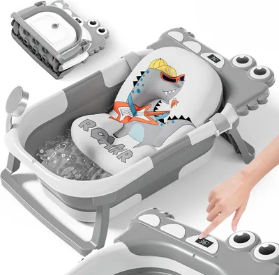 Produktbild von Faltbar Baby Badewanne Mit Rutschfestem Badekissen - Babywanne XXL Mit Baby Badewannensitz & Badethermometer - Von Der Geburt Bis 3 Jahre - Baby Bathtub - Geburtsgeschenke Für Mädchen & Jungen 2 x faltbar GRAU