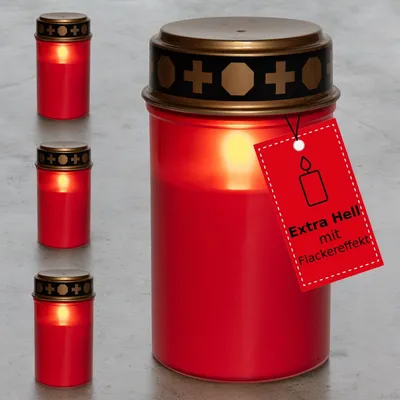Obrázok produktu pre LED svietidlo na hrob bez batérií, červené, 4 kusy. Trvalé svietenie, efekt plameňa. Súčasťou balenia sú batérie. Hrobové sviečky, sviečky na cintorín, pamätné sviečky, hrobové lampy, večné svetlo, sviečky na smútenie, LED sviečky