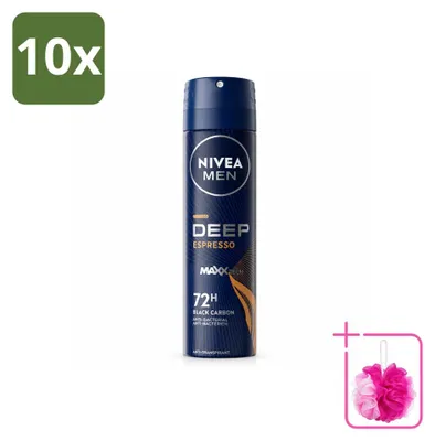 Imagen del producto de 10 aerosoles desodorantes NIVEA MEN, aroma Deep Espresso, 150 ml, pack ahorro, 10 unidades