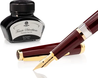 Produktbild von Füllhalter Set Cleo Skribent Classic Gold Bordeaux, Kolben-Füllhalter und 30 ml Tinte Schwarz