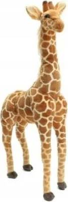 A full-body shot of a plush giraffe toy against a white background.