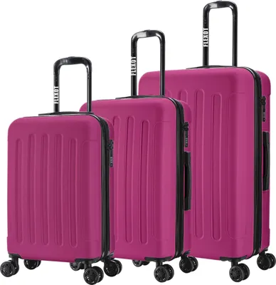 Three pink suitcases of varying sizes are displayed against a white background.