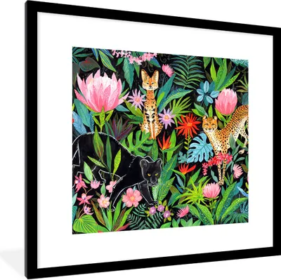 Produktbild von MuchoWow® Gerahmtes Poster Dschungel - Tiere - Blätter - Blumen 40x40 cm - Poster mit Schwarzem Bilderrahmen Wandposter Rahmen Foto Bilder - Poster - Plakat im Rahmen