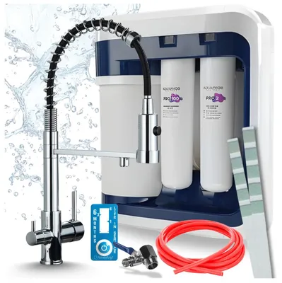 Immagine prodotto di Rubinetto da cucina a tre vie, modello Solid Spring, cromato, con doccetta estraibile. Inclusa nel set il sistema di filtraggio dell'acqua Aquaphor Ro-202S Pro