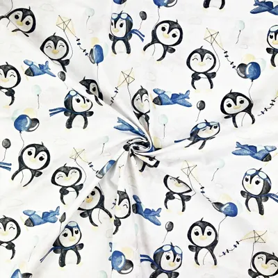 Produktbild von Baumwolle 100% Pinguine mit Luftballons blau auf weißem Hintergrund