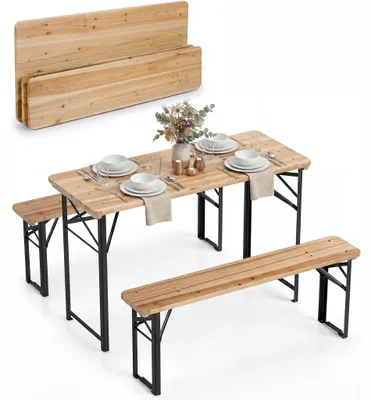 Immagine prodotto di KOMFOTTEU Set da birreria in 3 pezzi, set di mobili da giardino pieghevoli con tavolo e 2 panche, set da birreria in legno di abete naturale per 4 persone, set da birreria da esterno per giardino, cortile e piscina