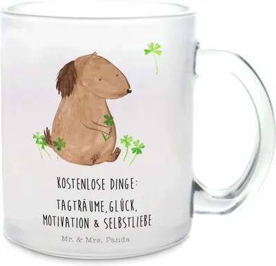 Produktbild von Mr. & Mrs. Panda Pott Hund Kleeblatt - Transparent - Geschenk, Teetasse, Häferl, Gratis, Motivation, Kakaotasse, Liebe, Sprüche, Tee Tasse, Glasbecher, Selbstliebe