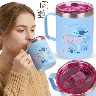 Produktbild von DISNEY Stitch Thermobecher mit Griff, Reisebecher aus Edelstahl für Kaffee, auslaufsicher, 400 ml