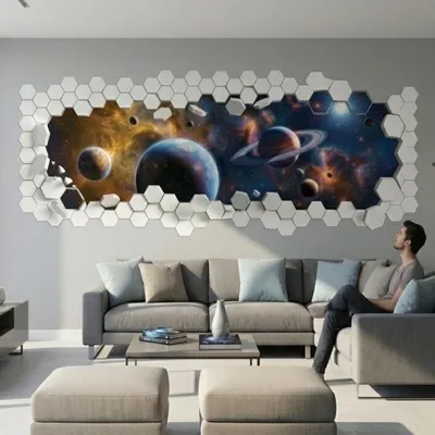 Galaxie und Planeten mit 3D-Mauerdurchbruch-Effekt – Decords Wandtattoo, Produktansicht 1