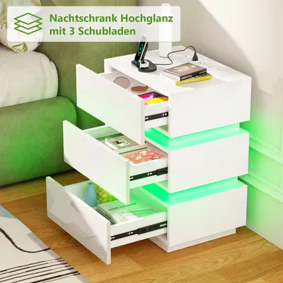 Produktbild von Nachttische mit LED,Hochglanz Nachttisch mit 3 Schubladen,Nachtschrank Schmal Holz Beistelltisch Organizer Einheit Kommode für Schlafzimmer 45x35x61cm