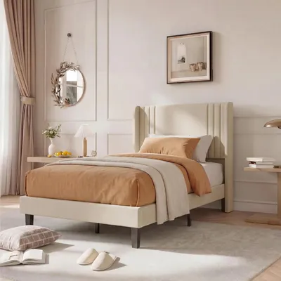 Image de Lit tapissé 90x200 cm avec sommier à lattes, lit simple avec une tête de lit rembourrée haute, structure en métal, tissu en lin beige, hauteur sous lit de 15,5 cm, sans matelas, Image générée par une IA