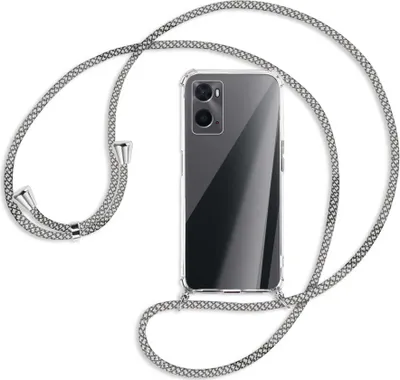 Produktbild von Handykette Backcover-Schutzhülle mit Band (Metall silberfarben) für Oppo A76 - weiß/grau kariert