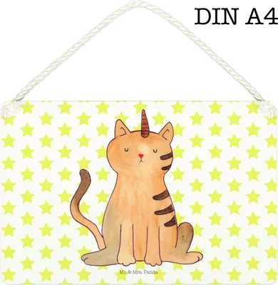 Produktbild von Mr. & Mrs. Panda Motivschild Einhorn Katze DIN A4 - Weiß - Geschenk, Wandbild Holz, Holzschild, Mieze, holzbild, Unicorn, Schild, Türschild, wandtafel, Regenbogen