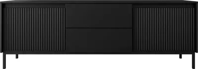 A black TV lowboard with fluted doors and drawers is shown against a white background.