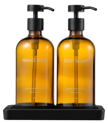 Immagine prodotto di Distributore di sapone in vetro marrone, capacità 500 ml, con vassoio in Vetroceramica, ideale per cucina e bagno