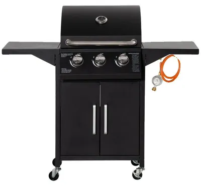 Produktbild von Gasgrill, 3 Brenner, 3 kW Leistung, 121 cm Länge, 55 cm Breite, mobiler Wagen