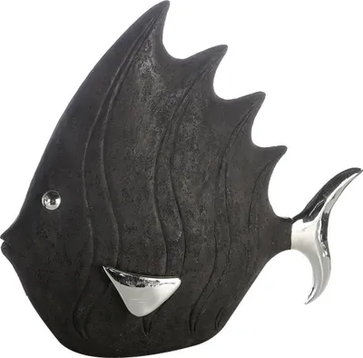 A black decorative fish figurine with silver accents.