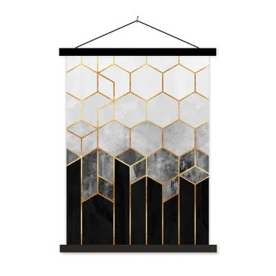 Produktbild von MuchoWow® Textilposter Gold - Sechseck - Chic - Muster - Luxus 40x53 cm mit schwarzem Rahmen - Abbildung