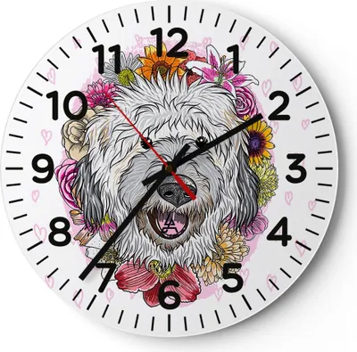 Produktbild von Wanduhr - Rund - Glasuhr - Hund Blumen Kinder exotische - 40x40cm - Schleichendes Uhrwerk - Lautlos - zum Aufhängen bereit - Dekoration Modern - Wanddekoration aus Glas - C4AR40x40-3146