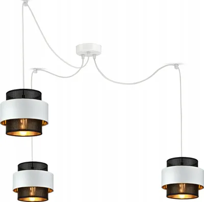 A white ceiling lamp with three black and white pendant lights hanging from it.