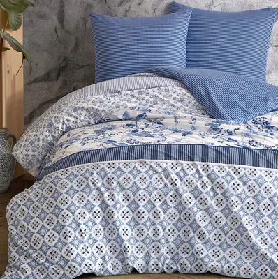 Produktbild von Bettwäsche Set Paisley Streifen Blumen Retro blau weiß Wende Baumwolle Renforce, Größe:3 teilig 200x200 cm - Doppelbett