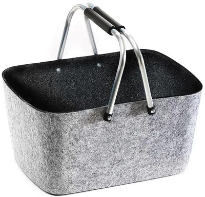A gray felt shopping basket with silver handles and black grips, shown against a white background.