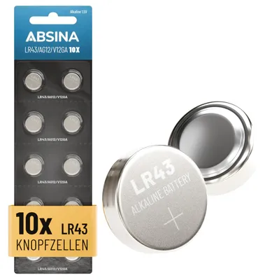 Produktbild von ABSINA 10x AG12 LR43 Batterien Knopfzellen - 1,5V Alkaline Knopfzellen LR 43/186 / LR1142 / L1142 / V12GA / GPA76 / RW84