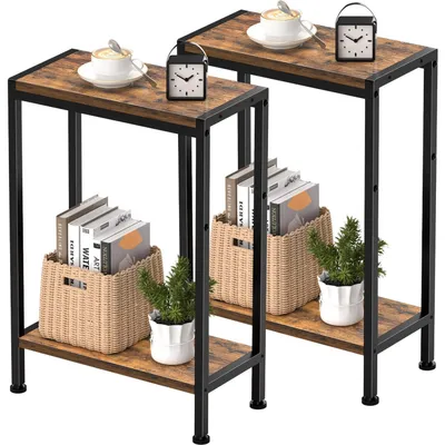Produktbild von Schmaler Beistelltisch Nachttisch 2er Set 2 Ablagen Vintagebraun 43x20cm 2-stöckig