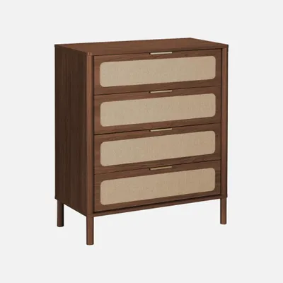 Produktbild von sweeek - Vintage Kommode mit Holzdekor und Flechtwerk, 4 Schubladen - Nussbaumfarben
