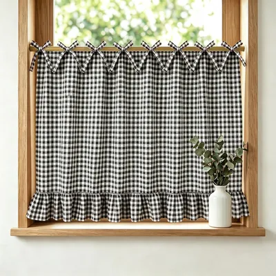 Produktbild von Scheibengardine Buffalo Plaid Landhausstil mit Rüschen Kurzgardine Bistrogardine für Küche Schlafzimmer Wohnmobil Esszimmer, Schwarz, B77xH55cm
