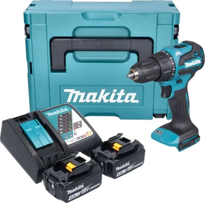 Zdjęcie produktu dla Akumulatorowa wiertarko-wkrętarka udarowa Makita DHP 490 RMJ 18 V 65 Nm bezszczotkowa + 2x akumulator 4,0 Ah + ładowarka + Makpac
