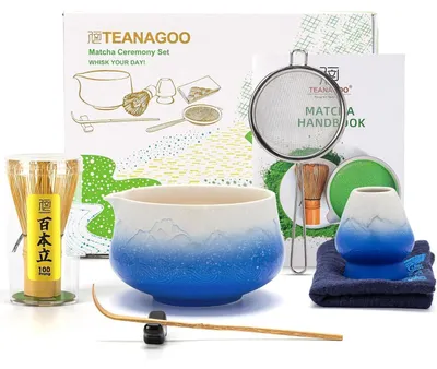 Productafbeelding van Matcha-set, 7-delig: keramische kom met uitgietopening, bamboebestek, lepel, zeef, blauw met kleurverloop