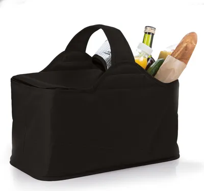 A black insulated shopping basket filled with groceries.