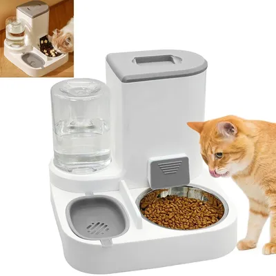 Produktbild von 2in1 Futter- & Trinkspender für Katzen & Hunde, 2,3 L Futter + 1,3 L Wasser, automatische Nachfüllung, Edelstahl-Napf, Grau
