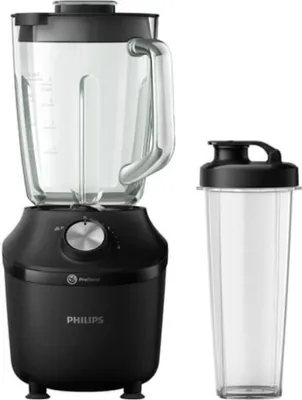 A black Philips blender with a glass jar and a separate clear cup with a black lid.