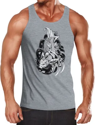 Produktbild von Herren Tank-Top Koi Japan Japenese Muskelshirt Muscle Shirt Achselshirt Slim Fit Baumwolle Neverless® grau XXL
