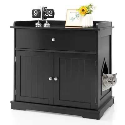 Produktbild von GOPLUS 3 in 1 Katzenschrank, Katzenklo mit Schubladen, Doppeltüren und Katzenlöchern, versteckte Katzentoilette, Katzenstreu-Beistelltisch, Schwarz