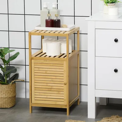 Image de Armoire de salle de bain - Meuble de rangement - Structure en bambou - Étagère ouverte - Une porte - 33 x 36,5 x 67 cm - À assembler soi-même
