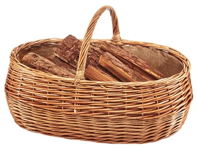 Zdjęcie produktu dla Koszyk na drewno kominkowe Kobolo, model EMBERI, owalny, wykonany z gotowanej wierzby z podszewką z juty. Kosz na drewno do kominka, kosz na opał
