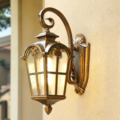 Produktbild von Gartenlampe Außenleuchte Außenwandleuchte BD-2 in antikem Look, Aluguß in Braun/Gold, Echtglas-Scheiben Retro/Vintage E27-Fassung (BD-2)