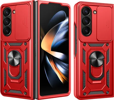 A red protective case for a foldable phone, shown from multiple angles.