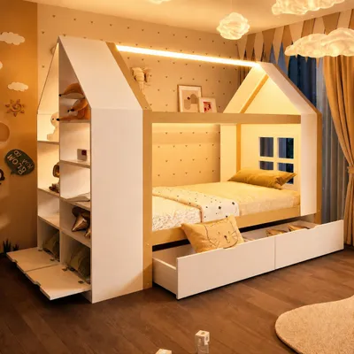 Immagine prodotto di Letto a castello per bambini 90x200 cm con scala, letto a forma di casetta con finestra e ripiano, letto singolo per bambini con cassetti e rete a doghe, letto in legno al naturale