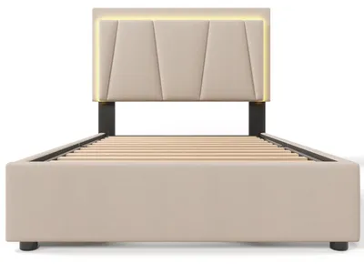 Productafbeelding van Gestoffeerd bed - Enkel bed - 90 x 200 cm - LED-verlichting - 2 lades - Verstelbaar hoofdeinde - Beige