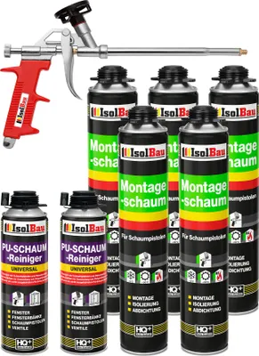 Produktbild von Isolbau Bauschaum-Set - Inkl. 5x 1K Montageschaum Pistolenschaum (je 750 ml), 1x Schaum-Pistole & 2xPU-Schaum-Reiniger (500 ml)
